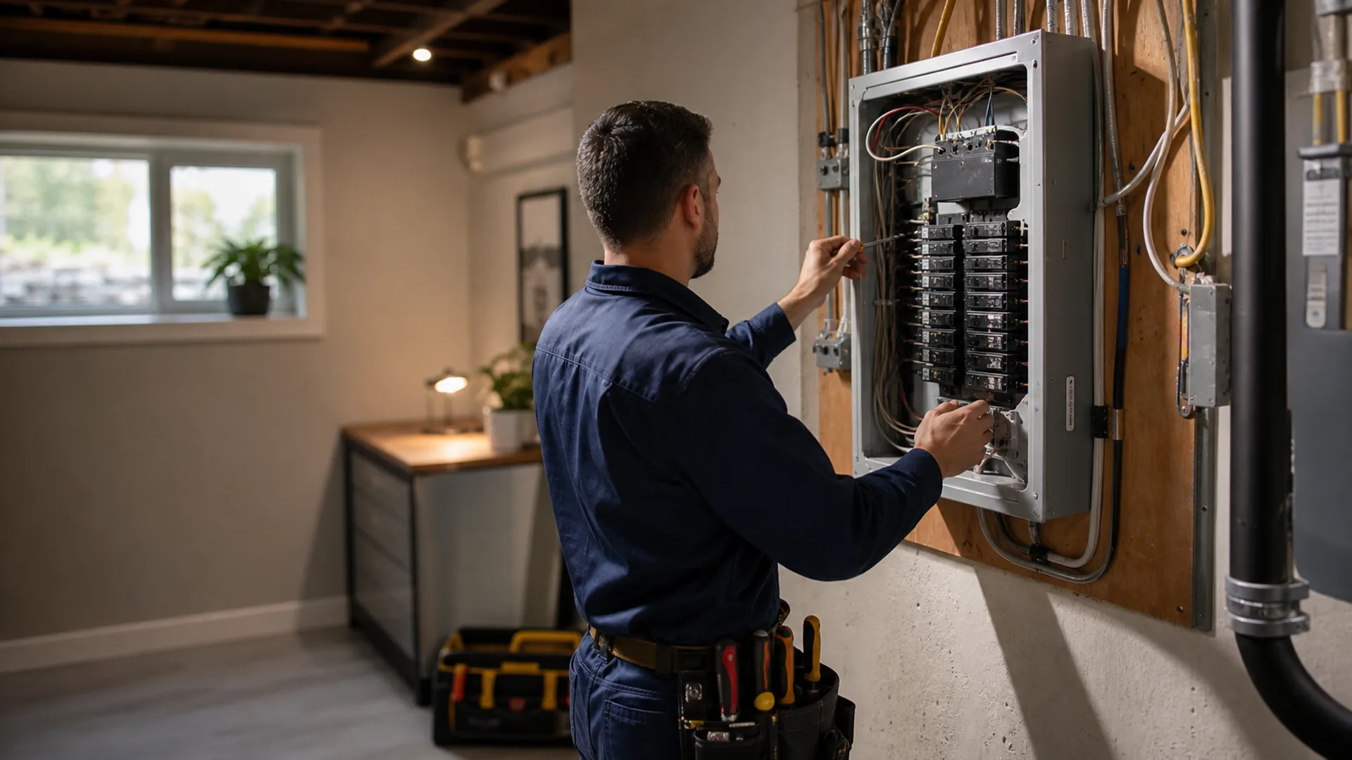 Électricien inspectant un panneau électrique résidentiel à Châteauguay